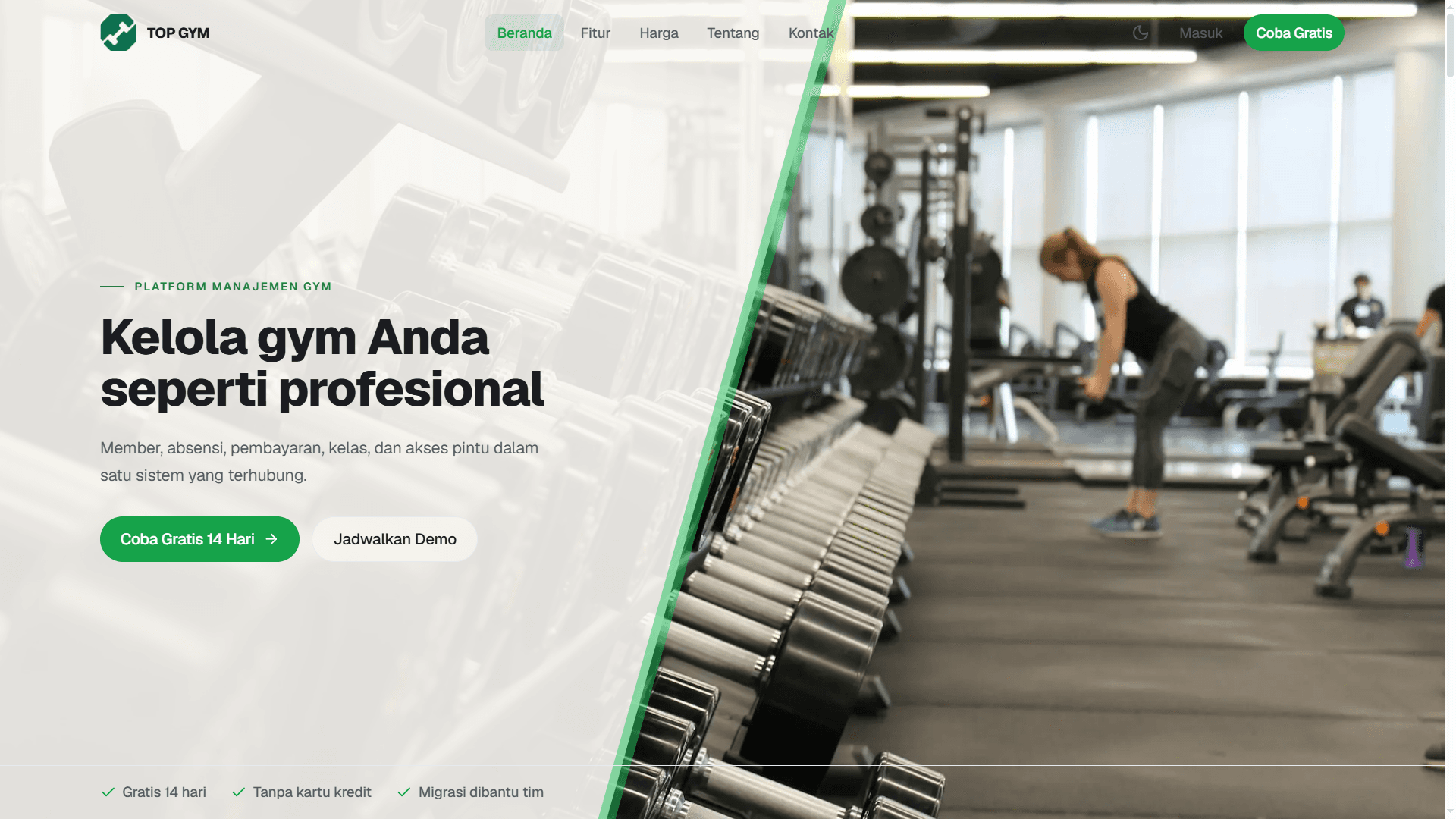 Tampilan halaman utama TOP GYM